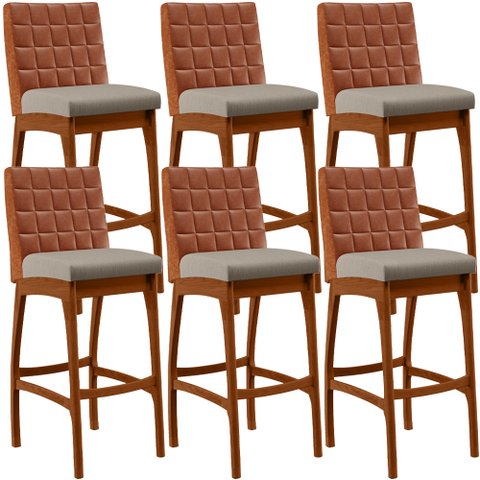 Kit 06 Banquetas Altas Cozinha Sala De Jantar Fixa Mila B04 Couríssimo Camel Linho Bege - Lyam