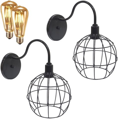 2 Luminárias Arandela de Parede Aramada Globo Industrial Retro + 2 Lâmpadas Led ST64 Vintage - Preto