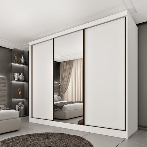 Guarda Roupa Casal 3 Portas Correr Com Espelho Central Inteiriço Peliculado e 6 Gavetas Monte Carlo 