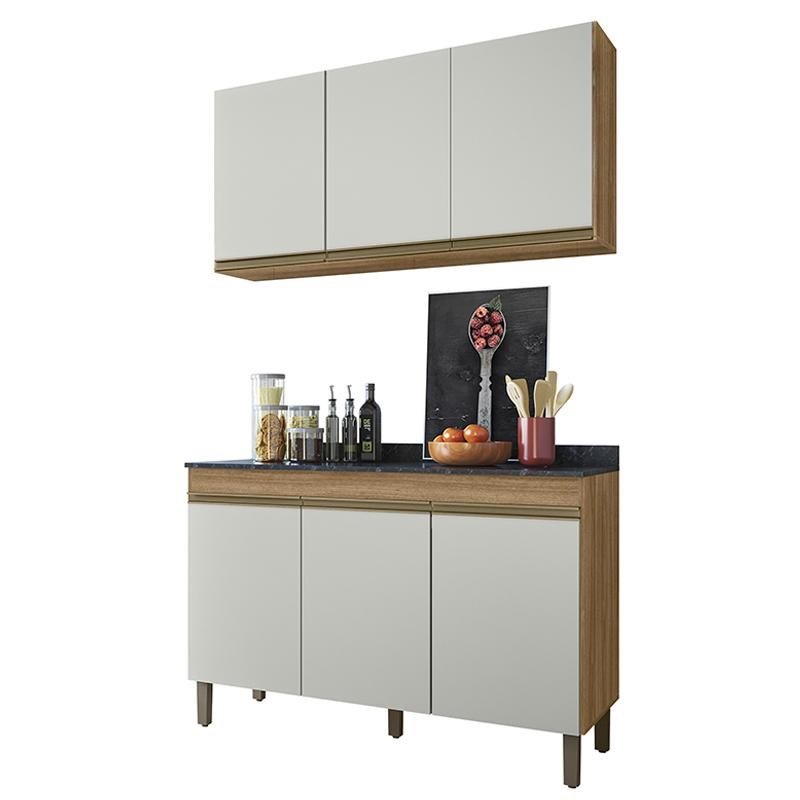Kit Armário Aéreo e Balcão Karen 119cm 3 Portas Nature/Off White com ...