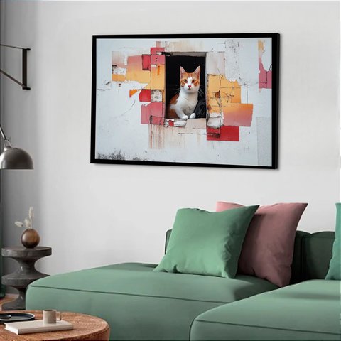 Quadro Decorativo Gato Janela - 50x70cm:moldura Branca