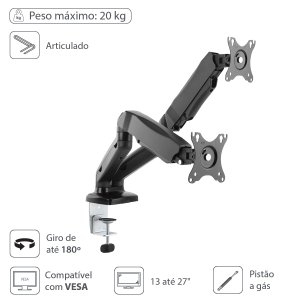 Suporte A Gás Para 2 Monitores 13"" A 27"" Vesa 100x100 Sm-341b