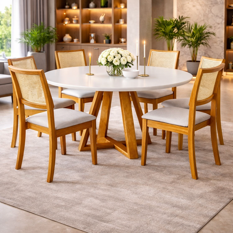 Mesa de Jantar Redonda 4 Lugares Cozinha Madeira Maciça Branco Modelo Pérola