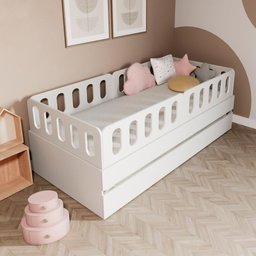 Bicama Solteiro Mdf Branco com 04 Grades e Cabeceira Anatômica Mobilistore - 1
