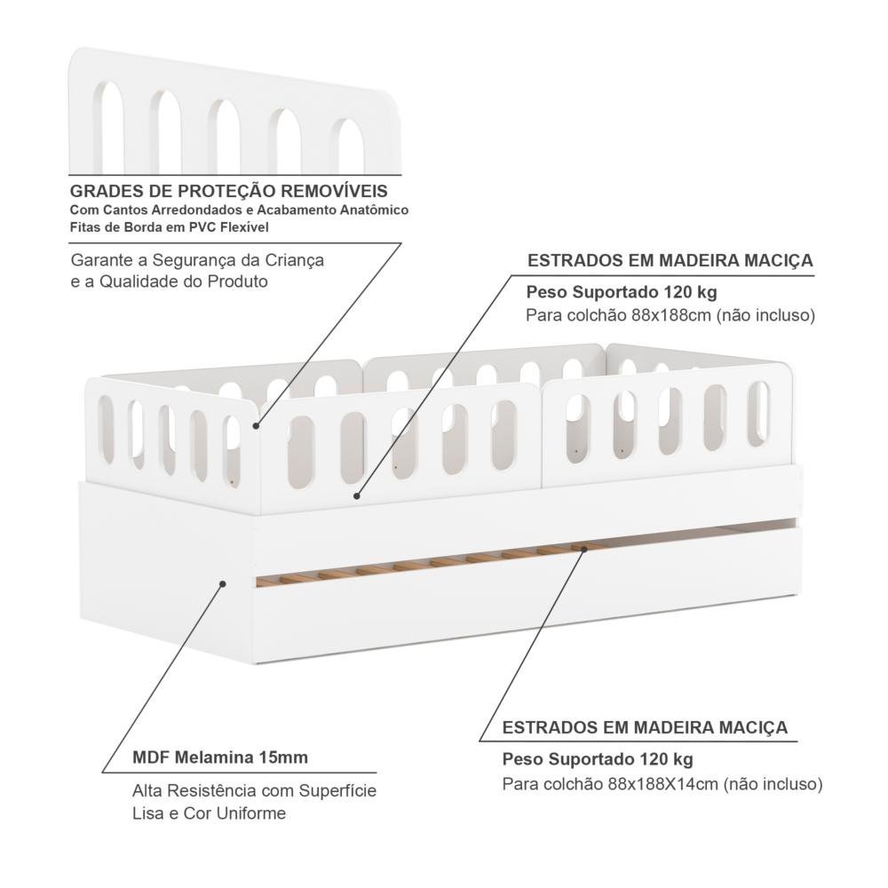 Bicama Solteiro Mdf Branco com 04 Grades e Cabeceira Anatômica Mobilistore - 5