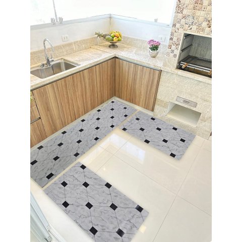Kit 3 Peças Jogo Cozinha Passadeira Manta Vinilico Laminado Marmore Carrara