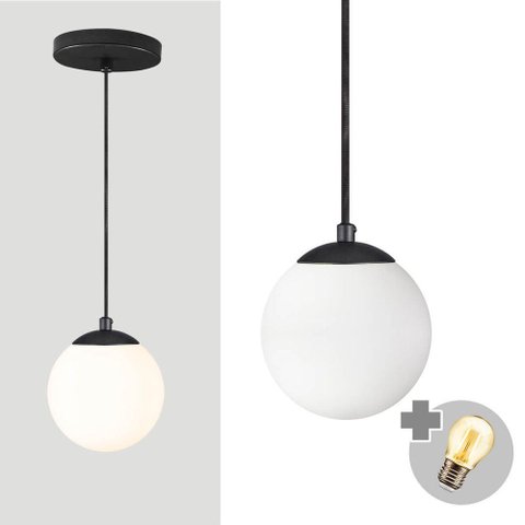Pendente Preto C/ Globo de Vidro Branco de 14cm + Led 2w