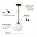 Ver imagem 2 de Pendente Preto C/ Globo de Vidro Branco de 14cm + Led 2w