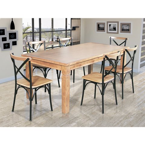Mesa Jantar Retangular Madeira Maciça Aurora 160x80 com 6 Cadeiras Paris Base Alumínio - Natural