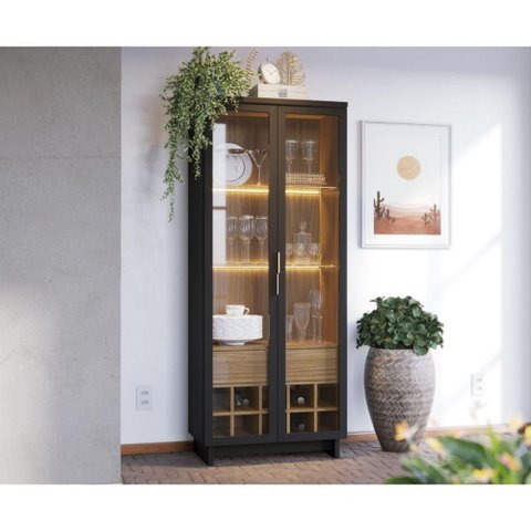Cristaleira com LED 2 Portas de Vidro 1 Gaveta e Adega 71,6cm Multimóveis Crcol-CRI010 Preto/
