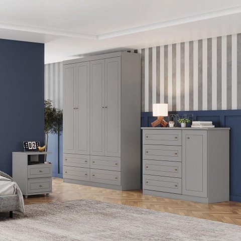 Quarto Juvenil Amy 5 Portas 10 Gavetas MDP-MDF Cinza com Guarda Roupa Comoda Mesa de Cabeceira Casa