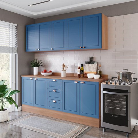 Cozinha Pérola 200cm 4 Peças com Rodapé e Tampo Azul/Freijó Yescasa