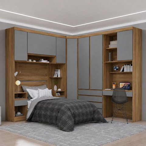 Guarda Roupa Solteiro Modulado com Bancada de Estudos 7 Portas e 7 Gavetas Veneza Luciane Móveis