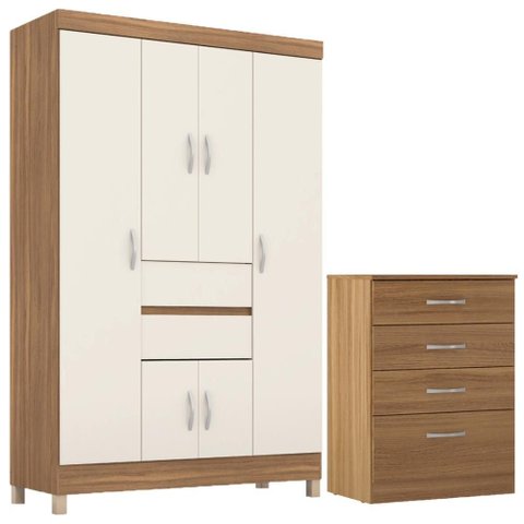 Kit Guarda Roupa Solteiro 6 Portas Ecom Ii Cômoda Astral - Amêndola Touch/off White