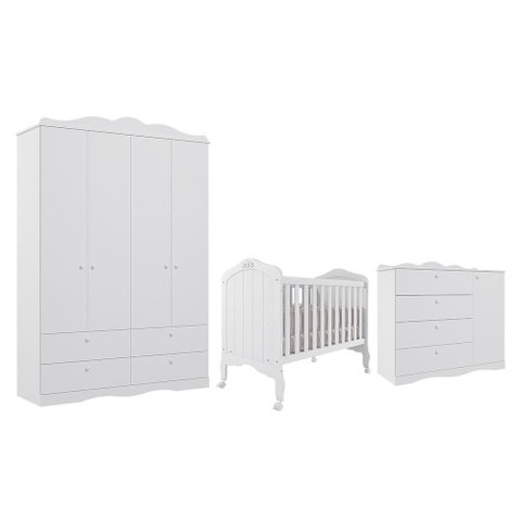 Dormitório Completo Infantil Encanto Guarda-roupa, Cômoda e Berço Harmonia Branco - Permóbili