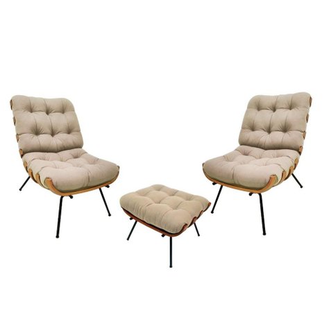 Kit 02 Poltronas e 01 Puff Costela Suede Bege