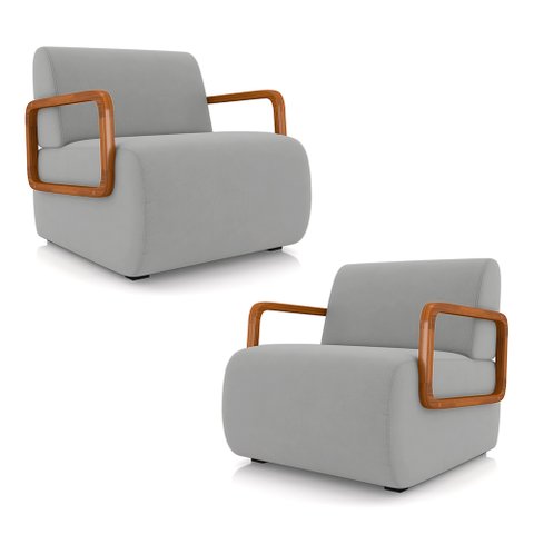 Kit 2 Poltronas Decorativa Sala de Estar Odessa Braços em Madeira Veludo Cinza Claro G33 - Gran Belo