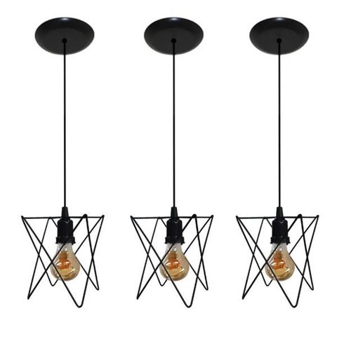 Kit com 03 Lustres Luminária Pendente Aramado Modelo Estrela - Preto
