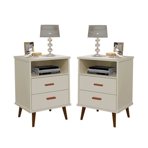 Conjunto 2 Mesa de Cabeceira 2 Gavetas Pés Retro - Itália - Cm - Off White