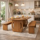 Ver imagem 1 de Mesa de Jantar Oval com Tampo de Vidro e 2 Bancos para Cozinha Integrada:nature