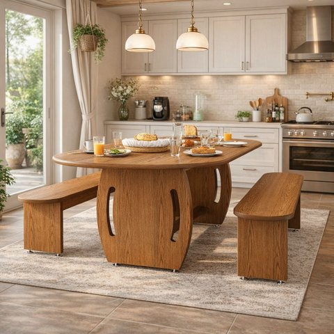 Mesa de Jantar Oval com Tampo de Vidro e 2 Bancos para Cozinha Integrada:nature