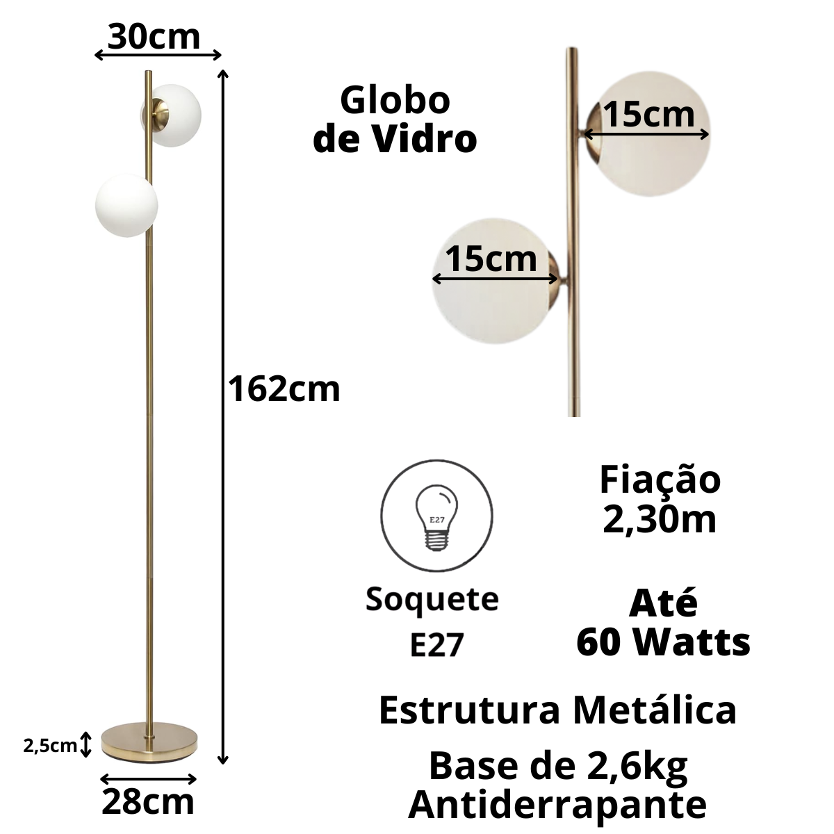 Luminária Piso Chão 162cm Jabuticaba 2 Globos Dourada Kjtd-710-gold + 2 Lâmpadas Led 12w Bivolt - 6