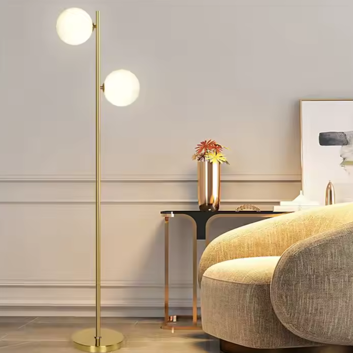 Ver imagem 3 de Luminária Piso Chão 162cm Jabuticaba 2 Globos Dourada Kjtd-710-gold + 2 Lâmpadas Led 12w Bivolt