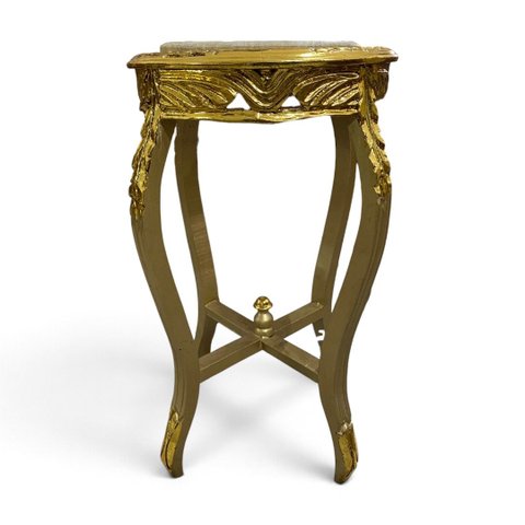 Mesa Auxiliar Redonda Clássica Dourada com Tampo de Mármore a: 70cm D: 40cm
