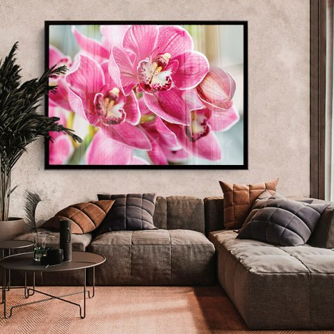 Quadro Decorativo Caixa Floral Orquídea Rosa Tacolado Moldura Caixa 3cm Madeira com Vidro 40 X 60cm