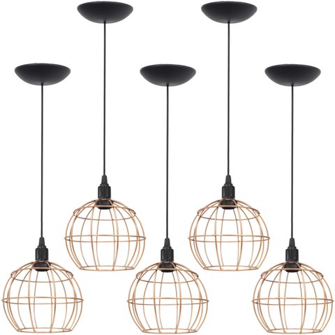 5 Pendentes Aramado Globo Luminária Lustre Teto Retrô Vintage Industrial Balcão Cobre Rose Gold