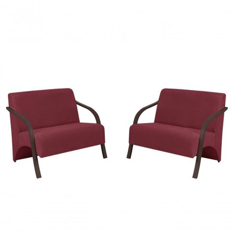 Kit 2 Poltronas 2 Lugares Suede Braço Madeira Bordô