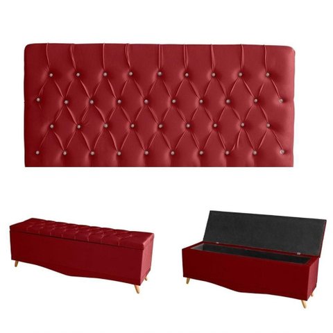 Kit Estrela Cabeceira de Cama Painel e Calçadeira Baú Botão Cristal Casal 140 Cm Suede Vermelho