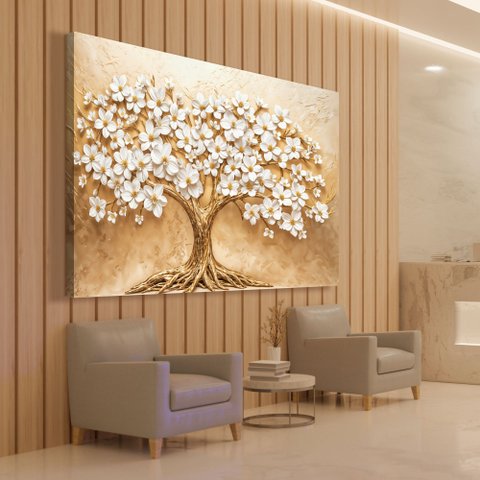 Quadro Decorativo Árvore com Flores Brancas Sala Quarto Casa Escritório
