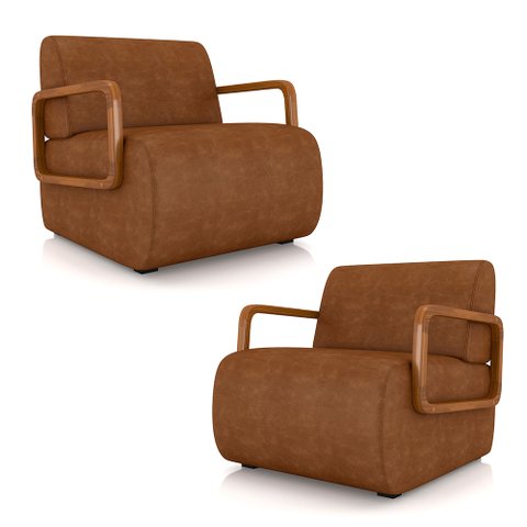Kit 2 Poltronas Decorativa Sala de Estar Odessa Braços em Madeira Pu Caramelo G33 - Gran Belo
