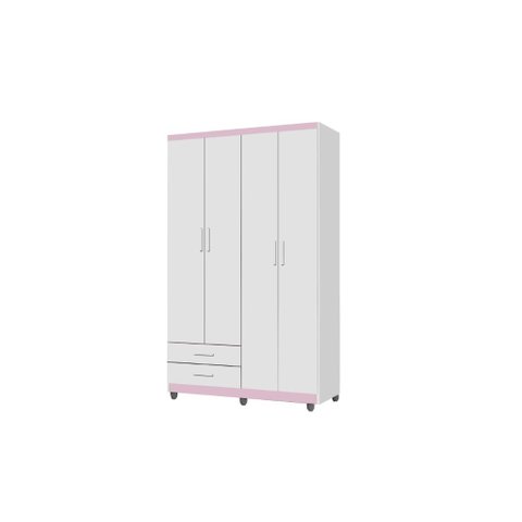 Roupeiro / Guarda Roupas Ti Solteiro 4 Portas Cor Branco / Rosa