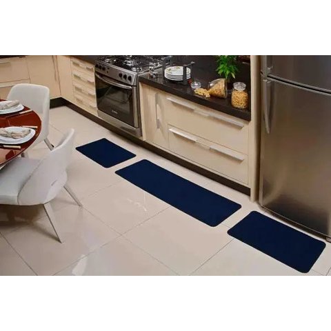 Jogo de Tapetes para Cozinha 3 Peças Liso Escuro Azul Relevo Oasis
