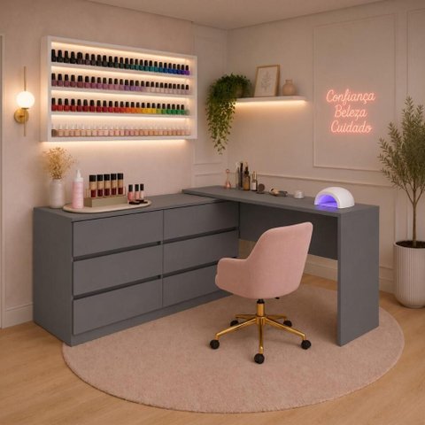 Mesa de Manicure Profissional de Canto em L com 6 Gavetas Organize Multimóveis MP6068 Grafite