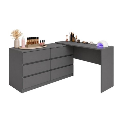 Mesa de Manicure Profissional de Canto em L com 6 Gavetas Organize Multimóveis MP6068 Grafite