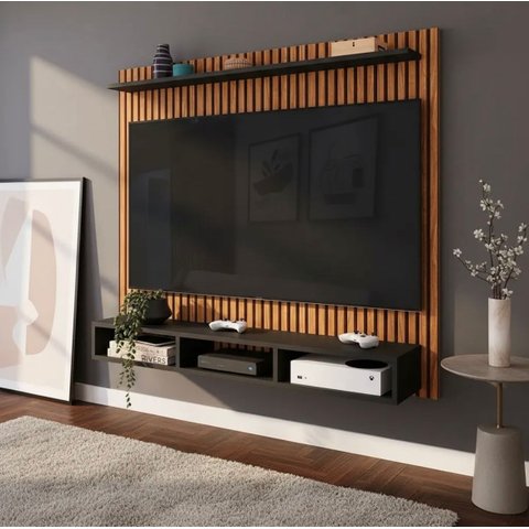 Painel Aconchego Preto Ripado 3D Tvs até 50 Polegadas Nicho Prateleira Suporte Sala Quarto Moderno