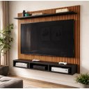 Ver imagem 5 de Painel Aconchego Preto Ripado 3D Tvs até 50 Polegadas Nicho Prateleira Suporte Sala Quarto Moderno