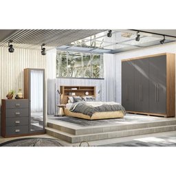 Quarto Casal Completo 3 Peças (1guardaroupa+1cama+1cômoda) Qc90 Jatobá/grafite - Santos Andirá - 1