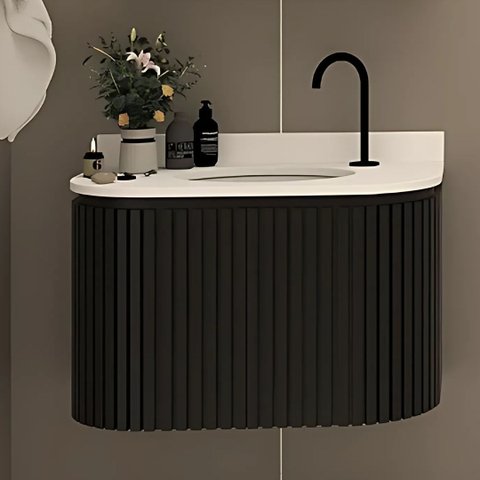 Gabinete Banheiro Ripado MDF com Curvo Cuba Ardósia Espelho:Preto/Branco