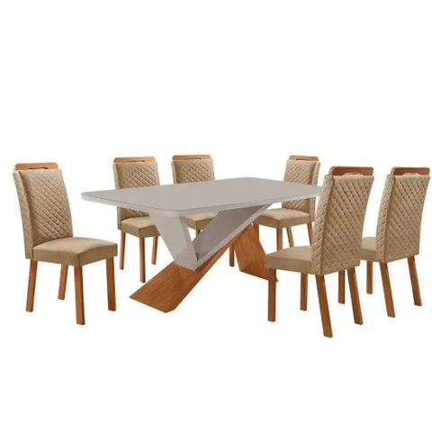 Mesa de Jantar Yasmin 180cm Tampo MDF Vidro Canto Copo com 6 Cadeiras Lorena