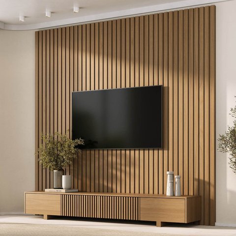 Rack com Painel Ripado TV 86 Polegadas Planejado 240x230cm Aruá CabeCasa MadeiraOriginals Marrom