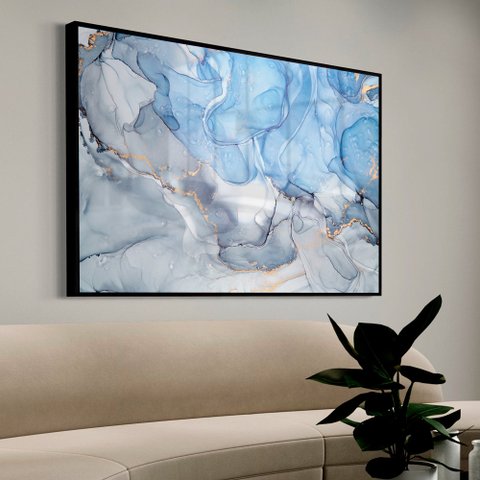 Quadro Decorativo Abstrato Mármore Azul Maya em Moldura Caixa Tacolado Moldura Trad 1cm Branca com V