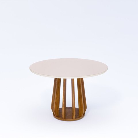 Mesa de Jantar Redonda Pitanga 120cm em MDF com Vidro Temperado e Base em Madeira Marrom/Off White