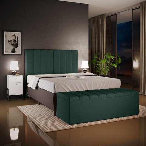 Kit Cabeceira Cama Box Casal 140 cm Calçadeira Recamier Baú Dália W01 Linho Verde Musgo - Lyam