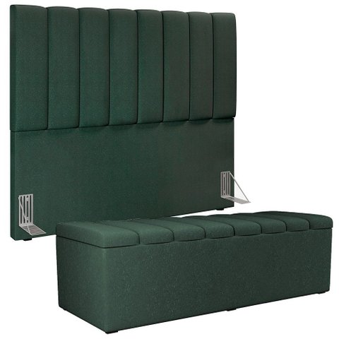 Kit Cabeceira Cama Box Casal 140 Cm Calçadeira Recamier Baú Dália W01 Linho Verde Musgo - Lyam