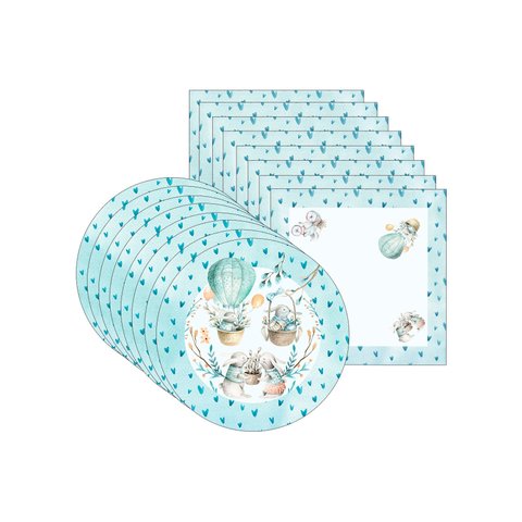 Kit Sousplat + Guardanapo Páscoa Balão/azul Coração - 8 Peças - com Base