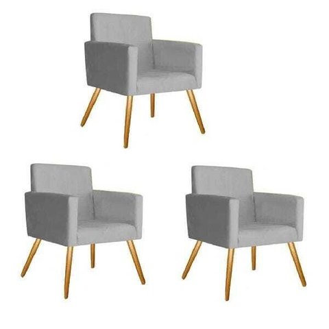 Kit 3 Poltrona Nina Pés Palito Imbuia Suede Cinza Recepção Sala de Estar Escritório Quarto - Bela Mó